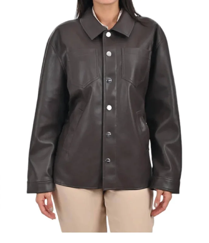 Faux Leather Shacket In Brown